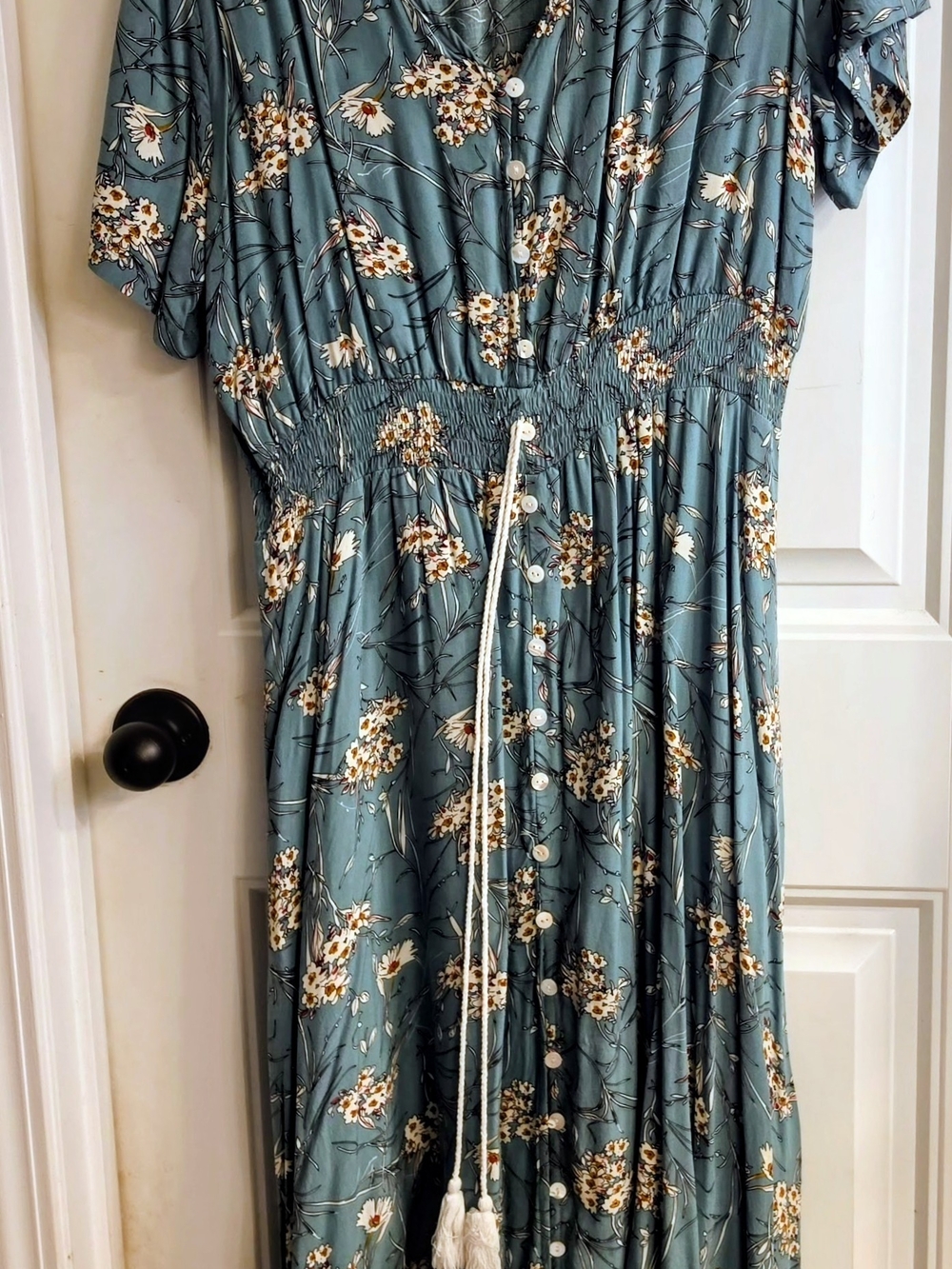 Teal Floral Button-Front Midi Dress with Tassel Tie